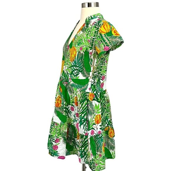 La Plage Alison Short Sleeve Dress Size XS Green Banana Jungle 100% Cotton - Picture 8 of 12